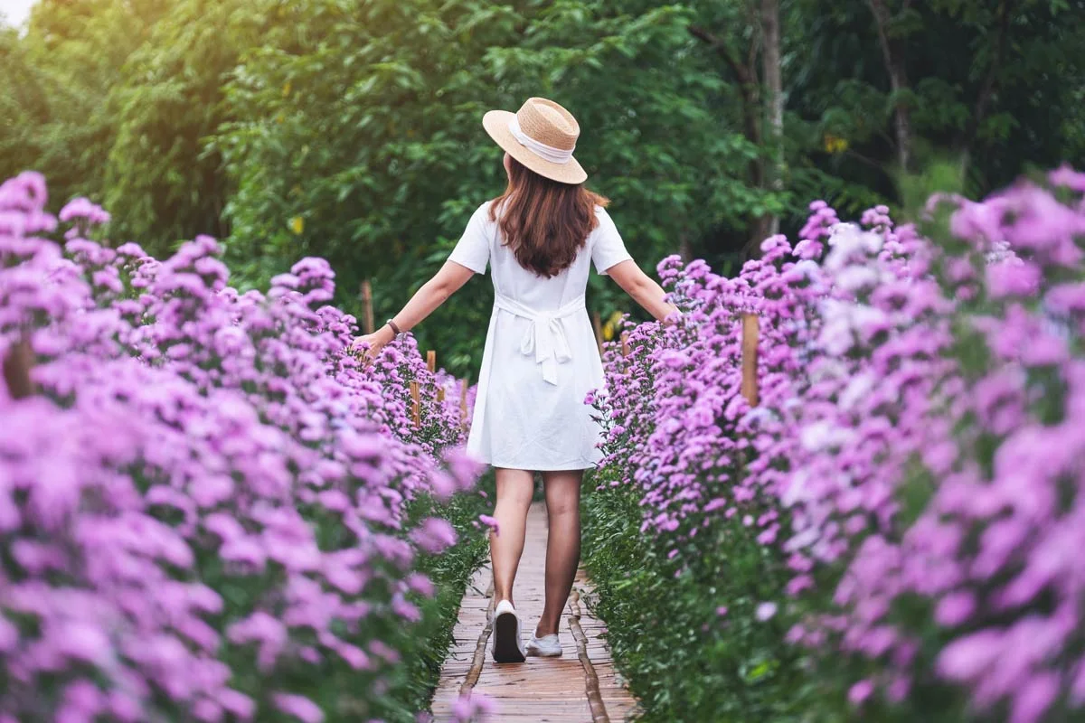 Lady walking through a field of flowers.