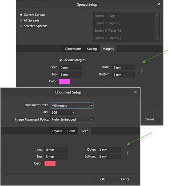 Screenshot indicating measures and margins of the inner pages of a WhiteWall Coffee Table Book in Affinity Publisher for PDF Upload.