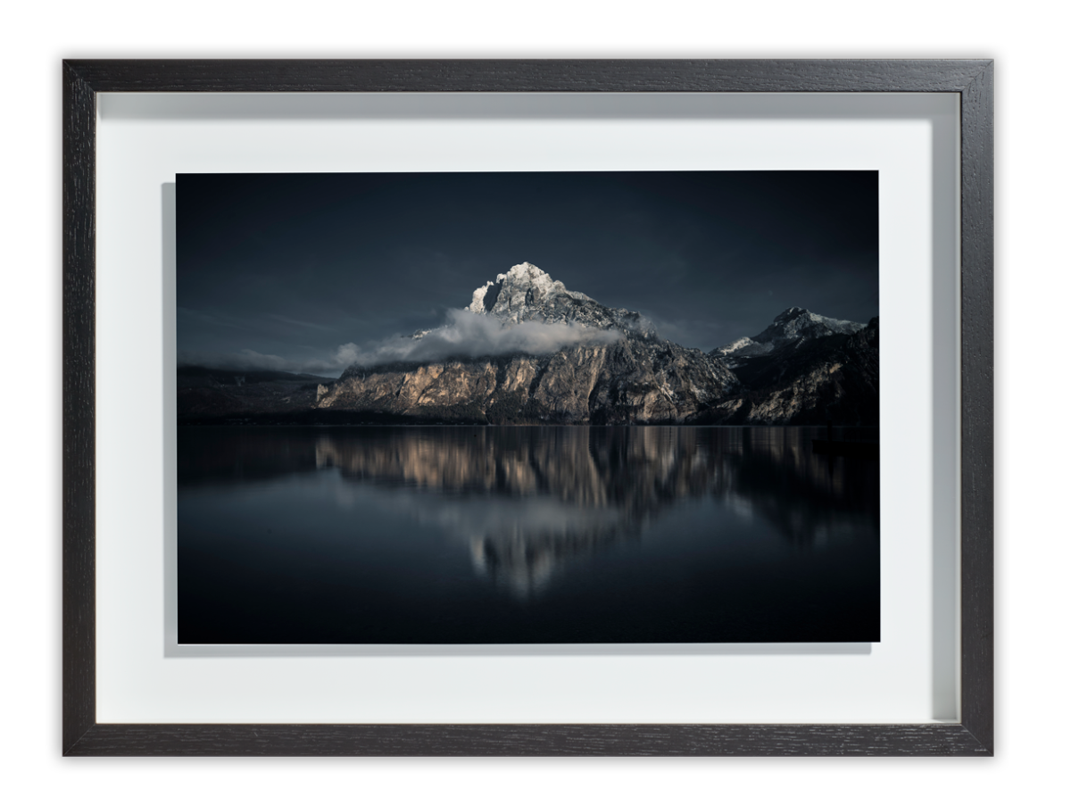 A mountain reflected in a lake in a Shadow Box Frame.