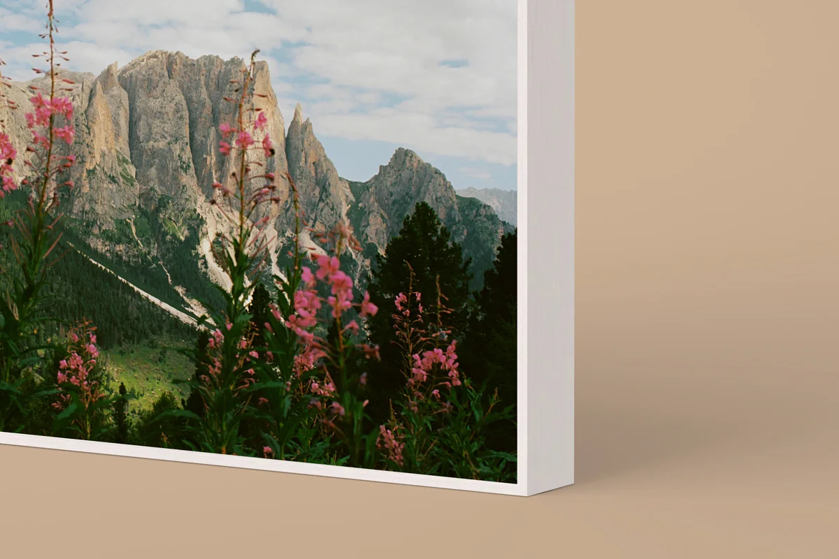 Close-up of a framed landscape photograph with mountains and pink flowers in the foreground.