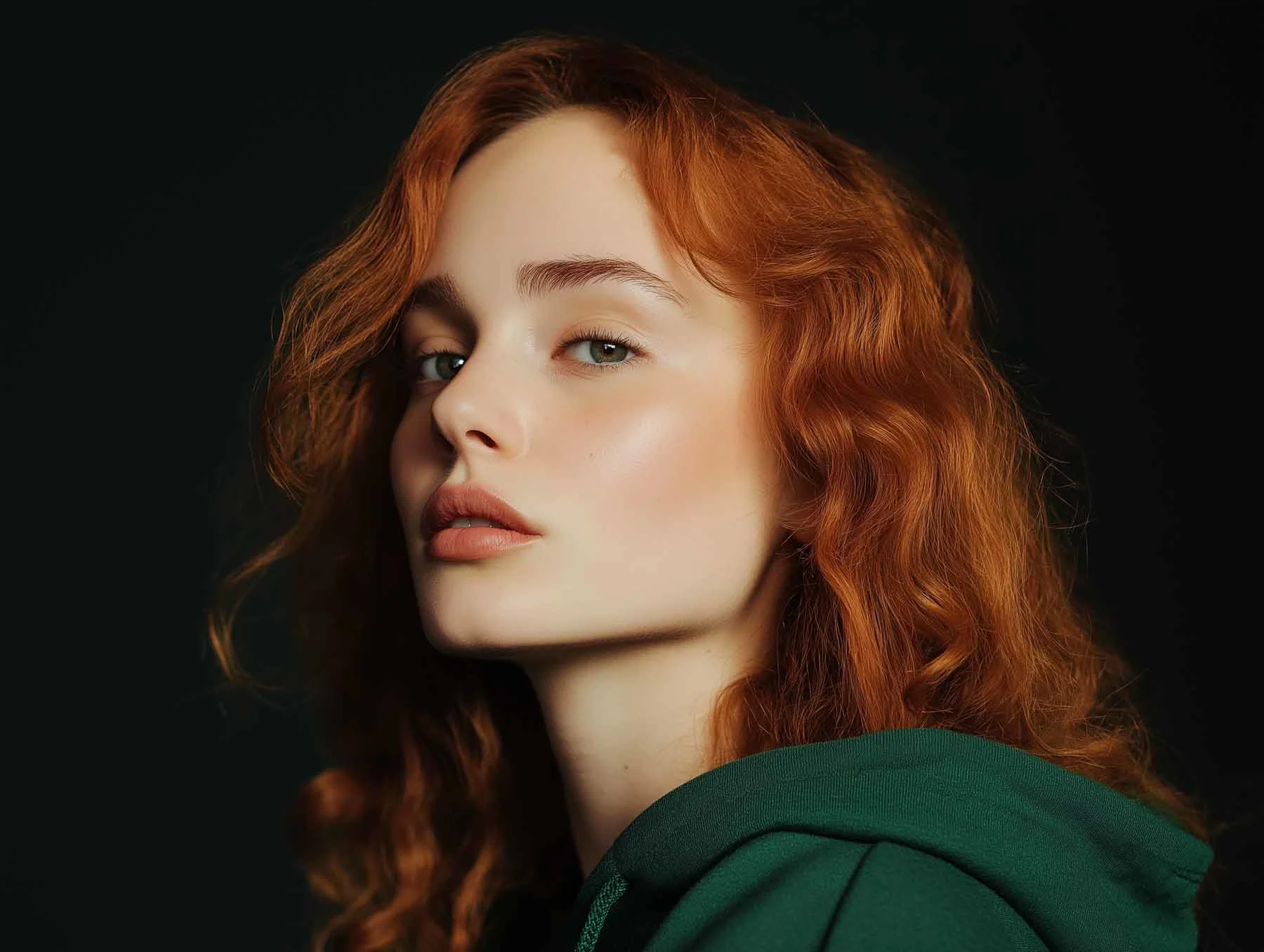 A woman with long, red curls and fair skin wears a green sweater and looks slightly to the side against a dark background.