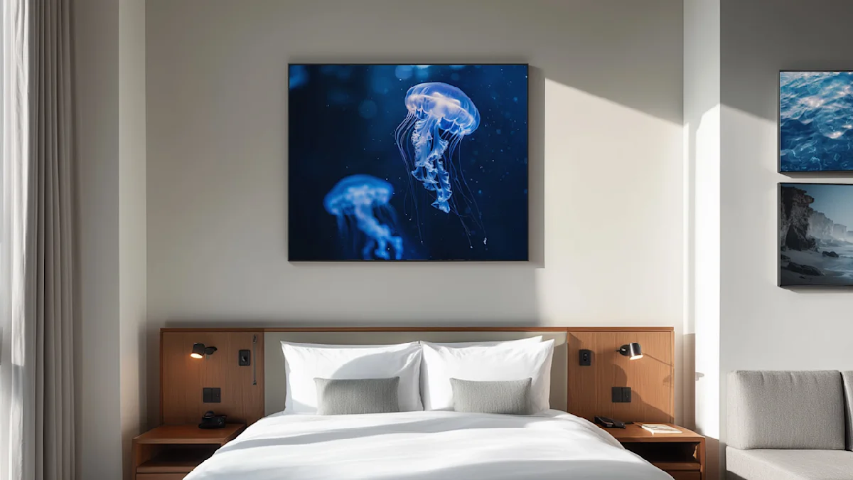 Modernes Hotelzimmer mit weißer Bettwäsche und Kopfteil aus Holz, mit großem Wandbild von leuchtend blauen Quallen vor dunklem Wasser