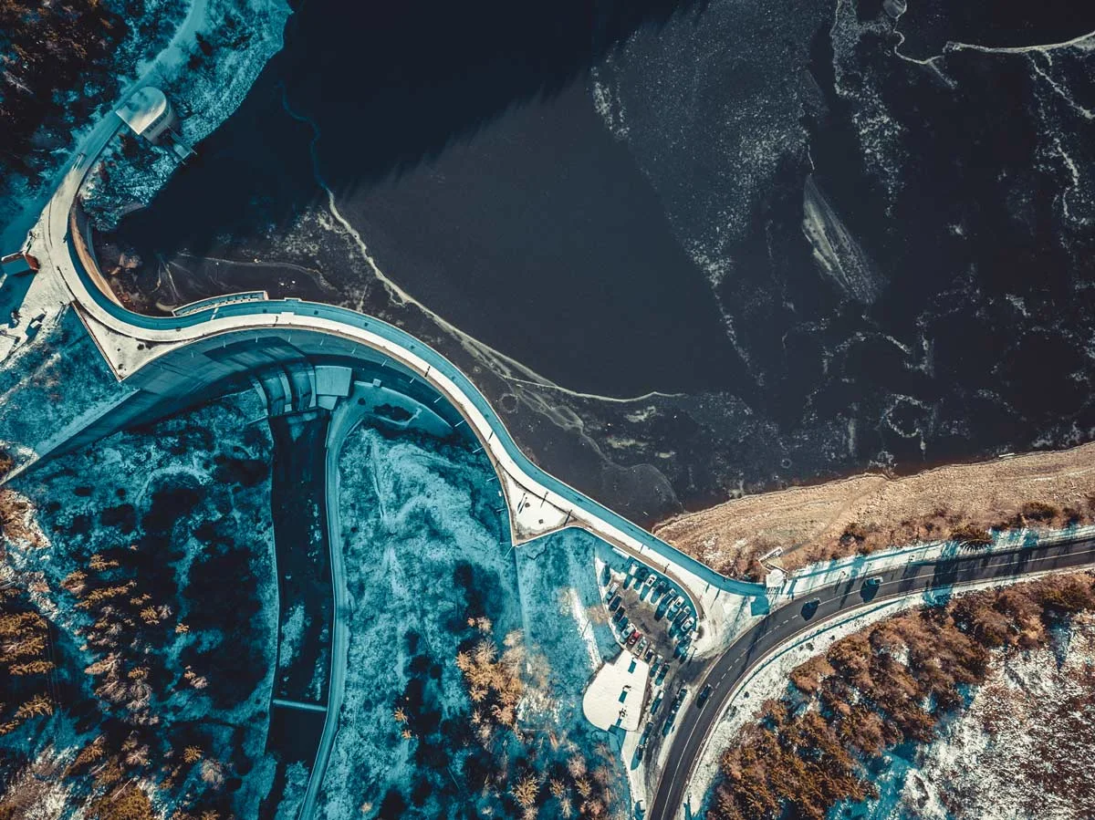 aerial shot of a dam.