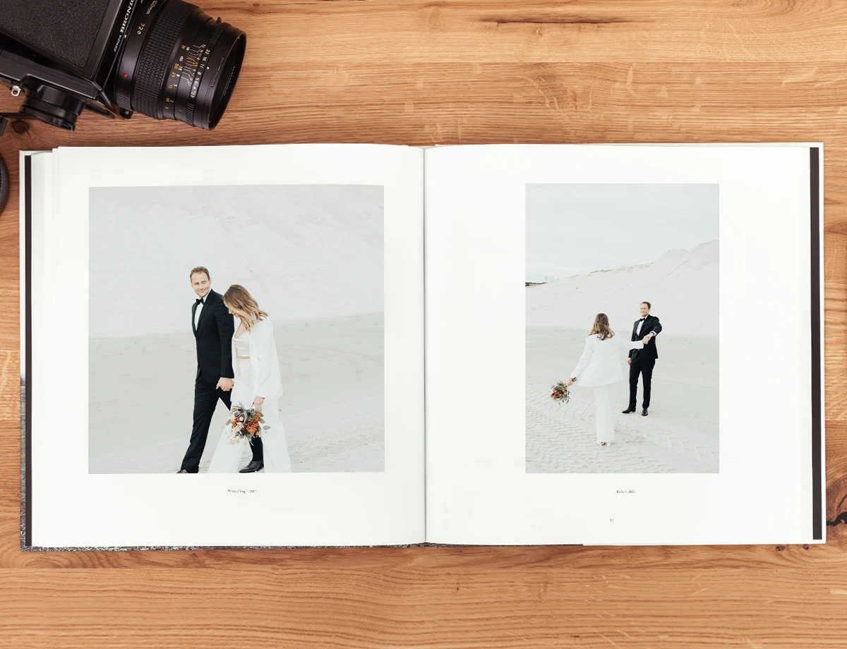 wedding photos printed in a coffee table book.