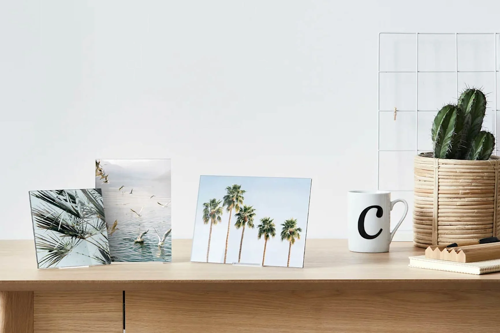 Fotoaufsteller aus Acrylglas mit drei Fotos: Schilfgras, Schwäne auf Wasser, Palmen.