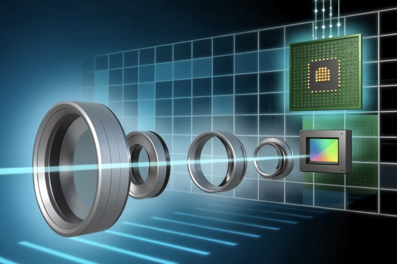 Grafik mit Linsensystem, Sensor und Chip auf kariertem Hintergrund mit blauen Lichtstrahlen.