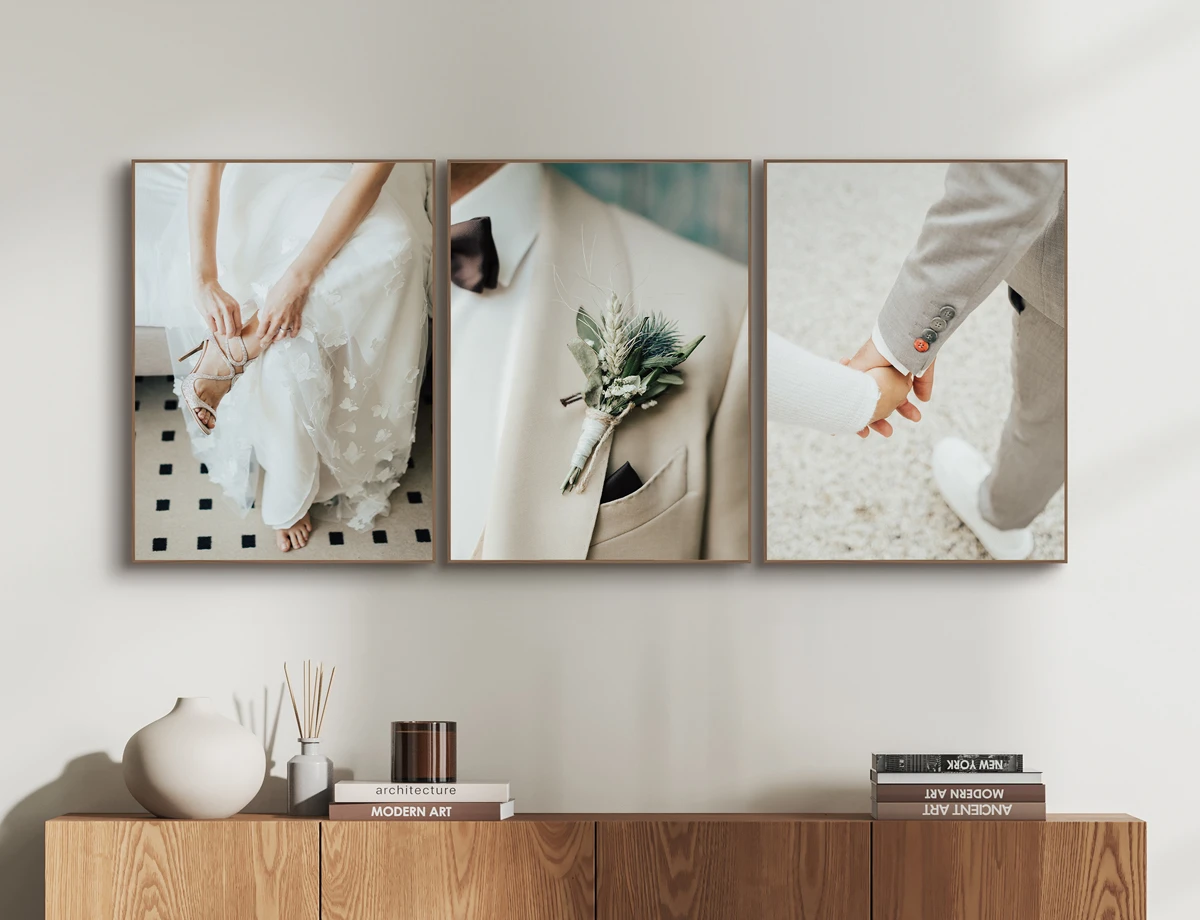 three part wedding detail photos framed in Solid Wood ArtBox.