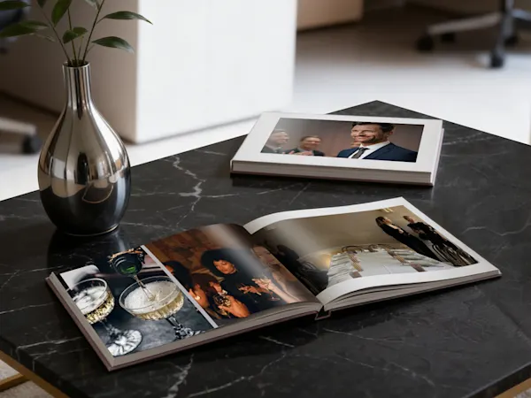 Album fotografici e un vaso d'argento su un tavolo di marmo nero, con una pianta verde nel vaso e libri di fotografia professionale esposti aperti