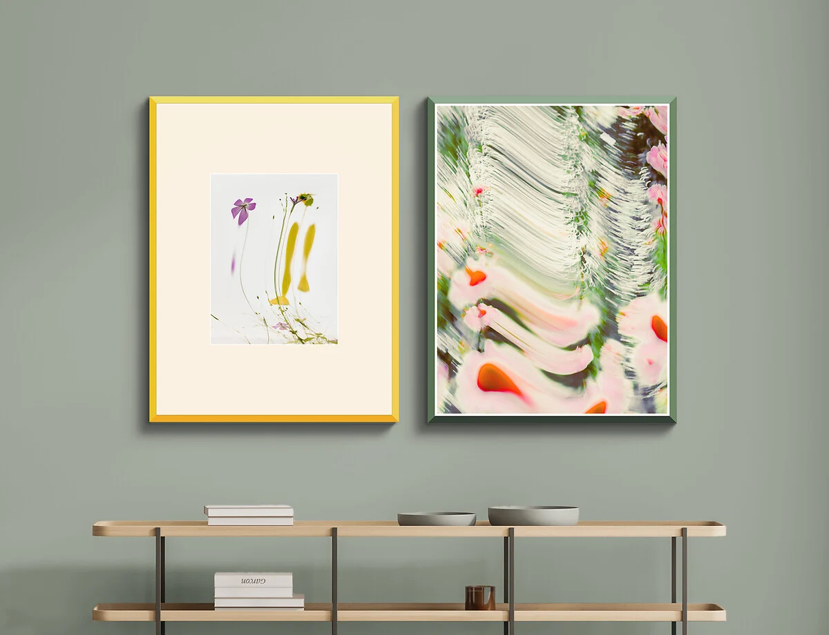 colorful flower images with distorted look, with Design Edition frame in yellow and green.