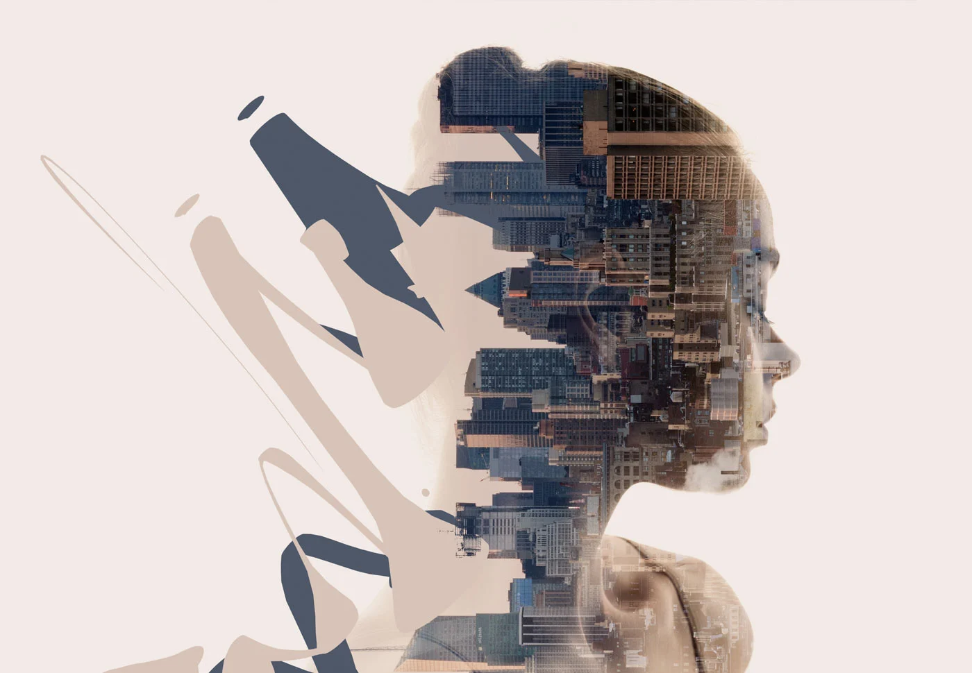 Double exposure of a female profile with a cityscape and abstract lines.