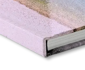 Close-up view of a pink hardcover book spine and pages, showing textured cover material and white paper edges.