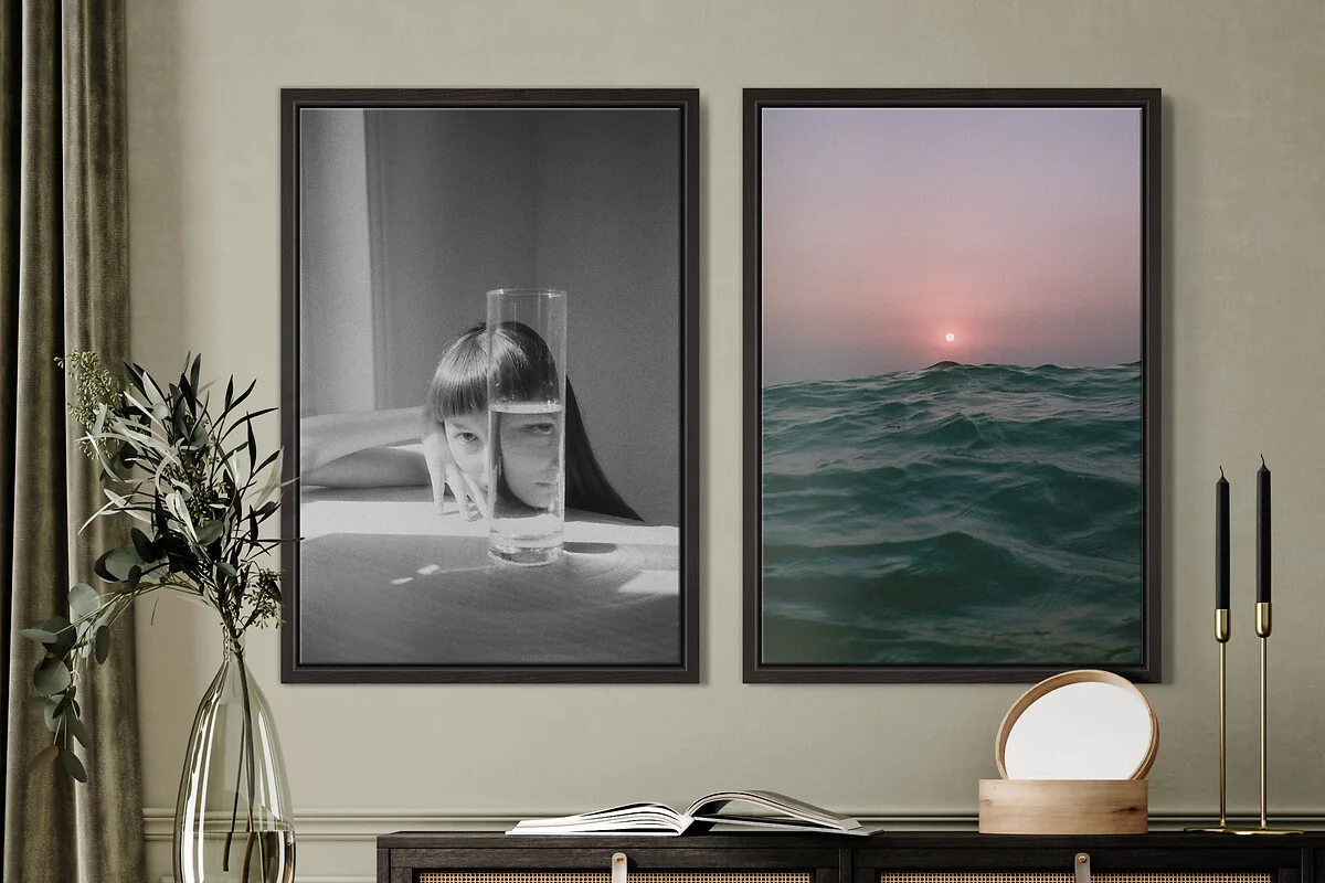 left: portait of a woman behind a glass water, right: close up of ocean with sunset.