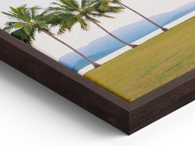 Canvas print in a dark wood float frame showing a tropical scene with palm trees, green grass, and blue ocean water.