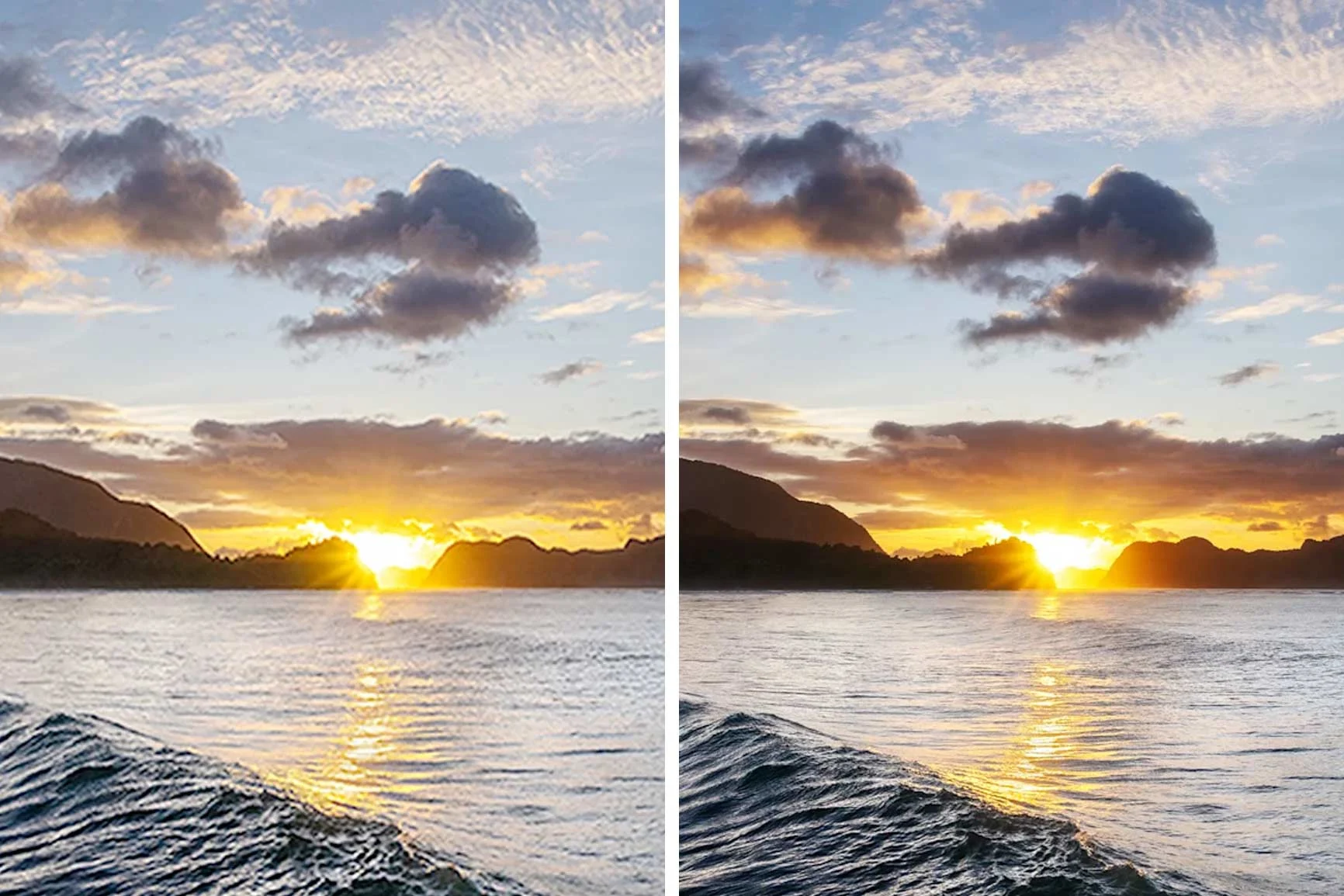Puesta de sol sobre el mar con montañas en el horizonte, ampliado a la derecha con WhiteWall SuperResolution.