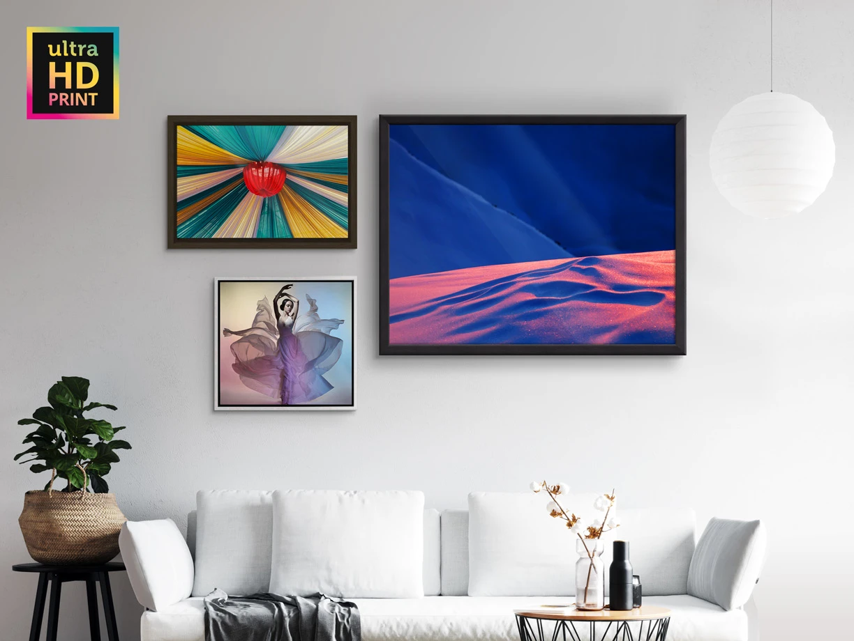 Various color dazzling images as Acrylic ultraHD Metallic Prints with different framing options on a wall.