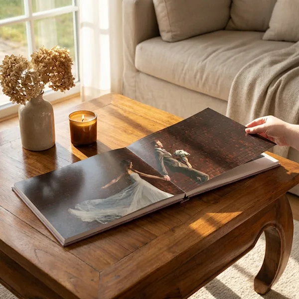 Open koffietafelboek op houten salontafel in natuurlijk zonlicht dat door het raam naar binnen stroomt.