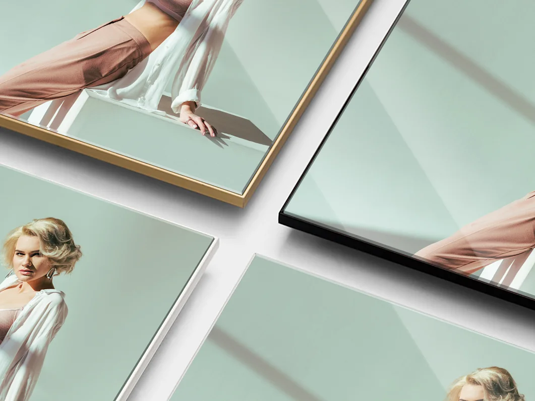 Acrylic Print With Slimline Case Close up of four Acrylic Prints With Slimline Case with white, black, silver and gold colors.