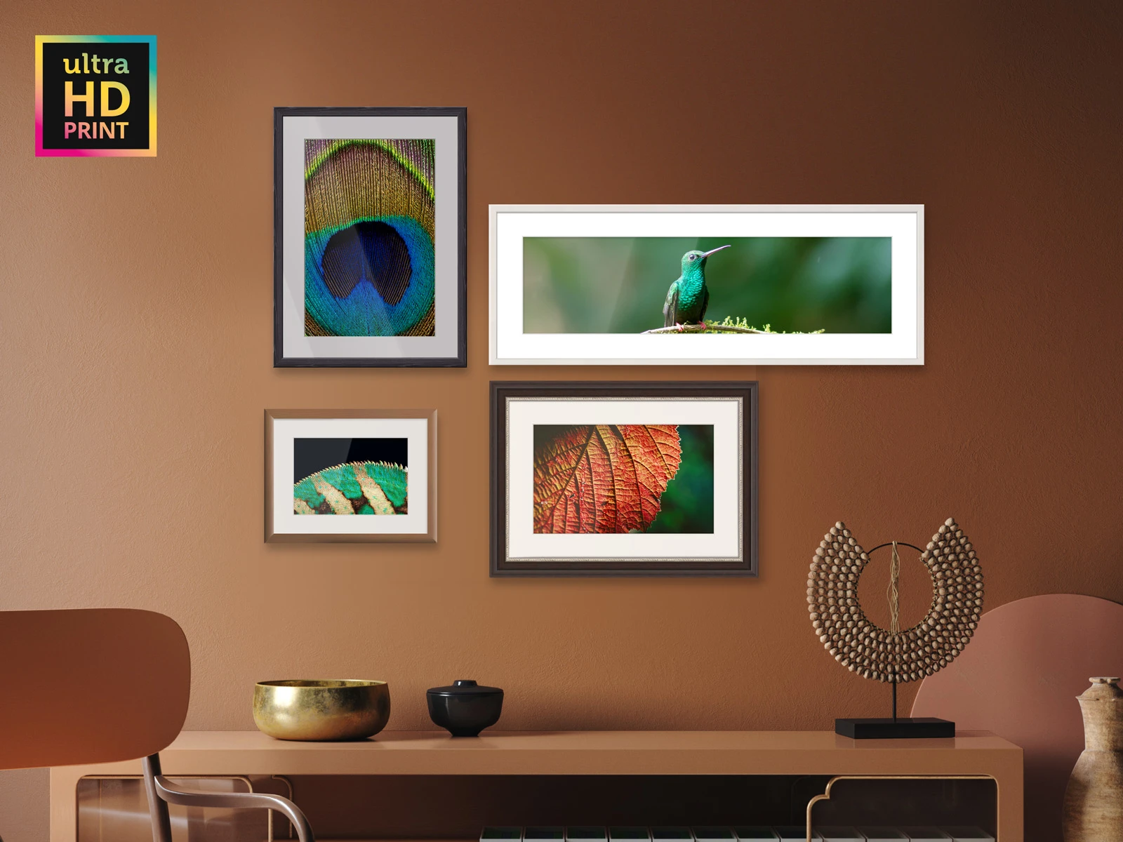 several ultraHD photo prints on Fuji Crystal Archive Maxima paper in frames hanging on a wall.