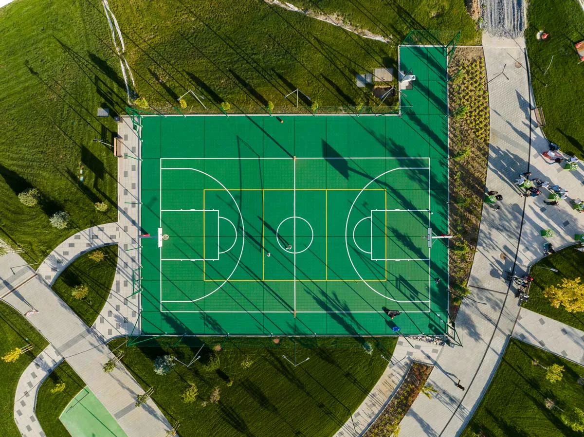 aerial shot of a football field.