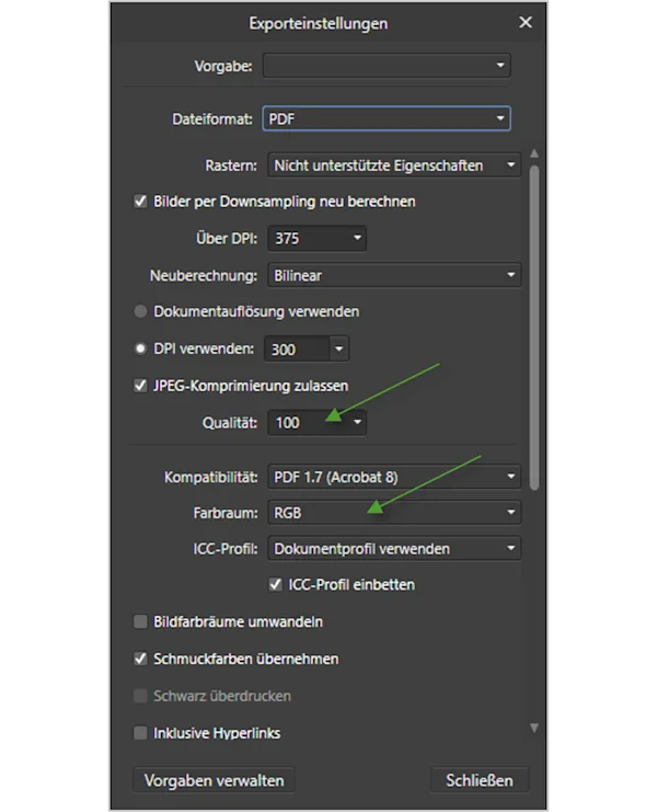 Grüne Pfeile zeigen auf die detaillierten PDF-Exporteinstellungen in Affinity Publisher, um eine druckbare PDF-Datei für einen WhiteWall Bildband zu erstellen.
