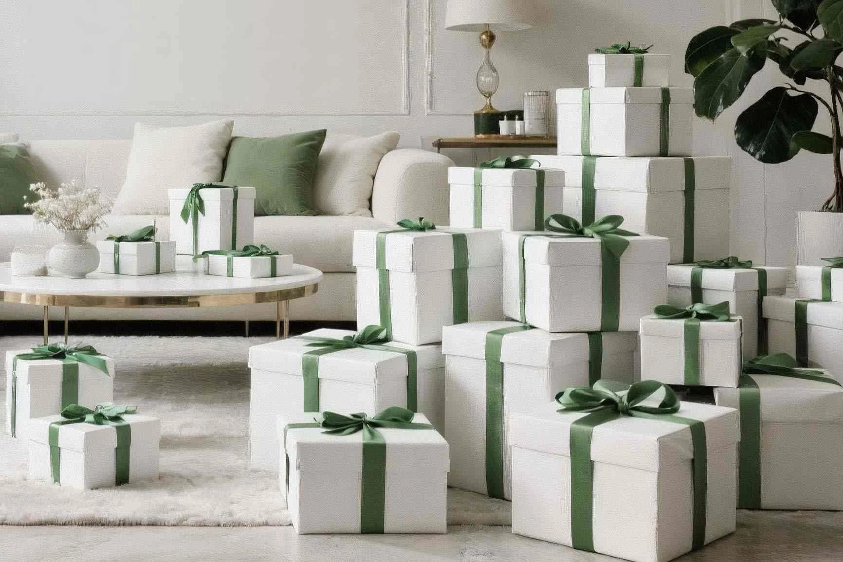 Weiße Geschenkboxen mit salbeigrünen Bändern und Schleifen, elegant arrangiert auf runden weißen Tischen mit tropischen Blättern.