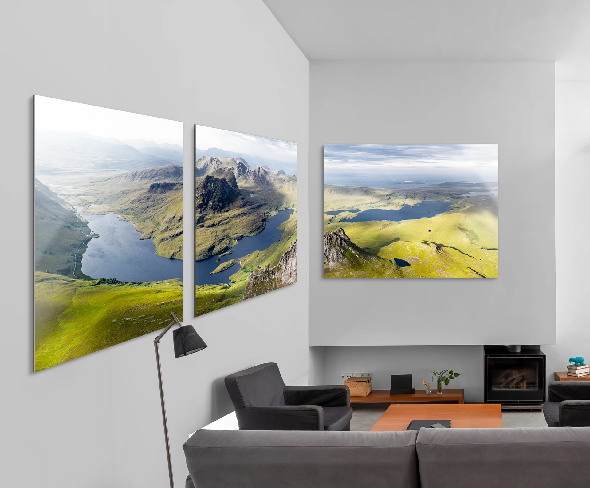 A river flows through green overgrown rocks into the sea. The whole painting is divided into three parts and hangs in one room, divided over two walls.