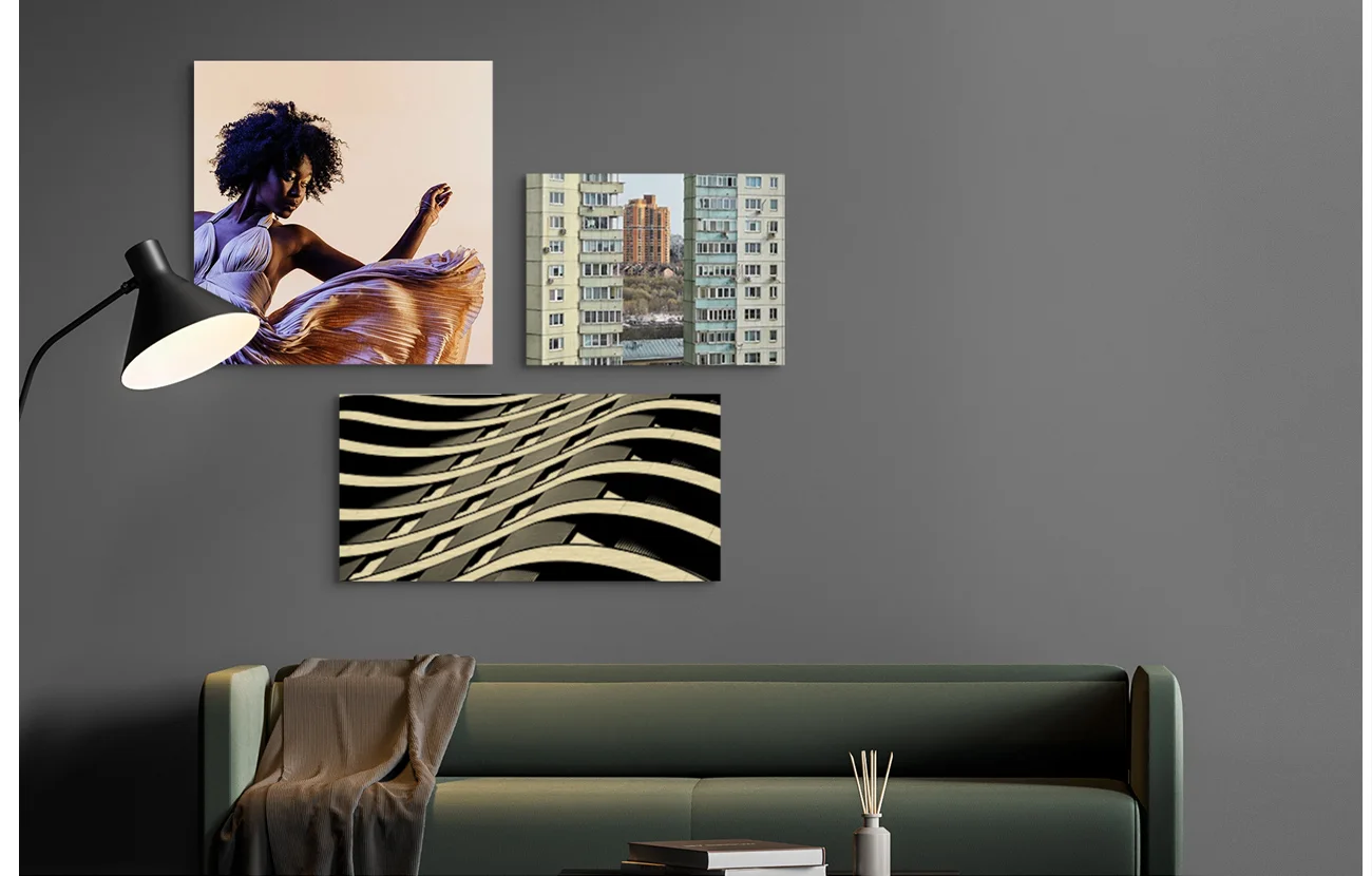 Three Metal Prints on Aluminium Mounting hanging on the wall.