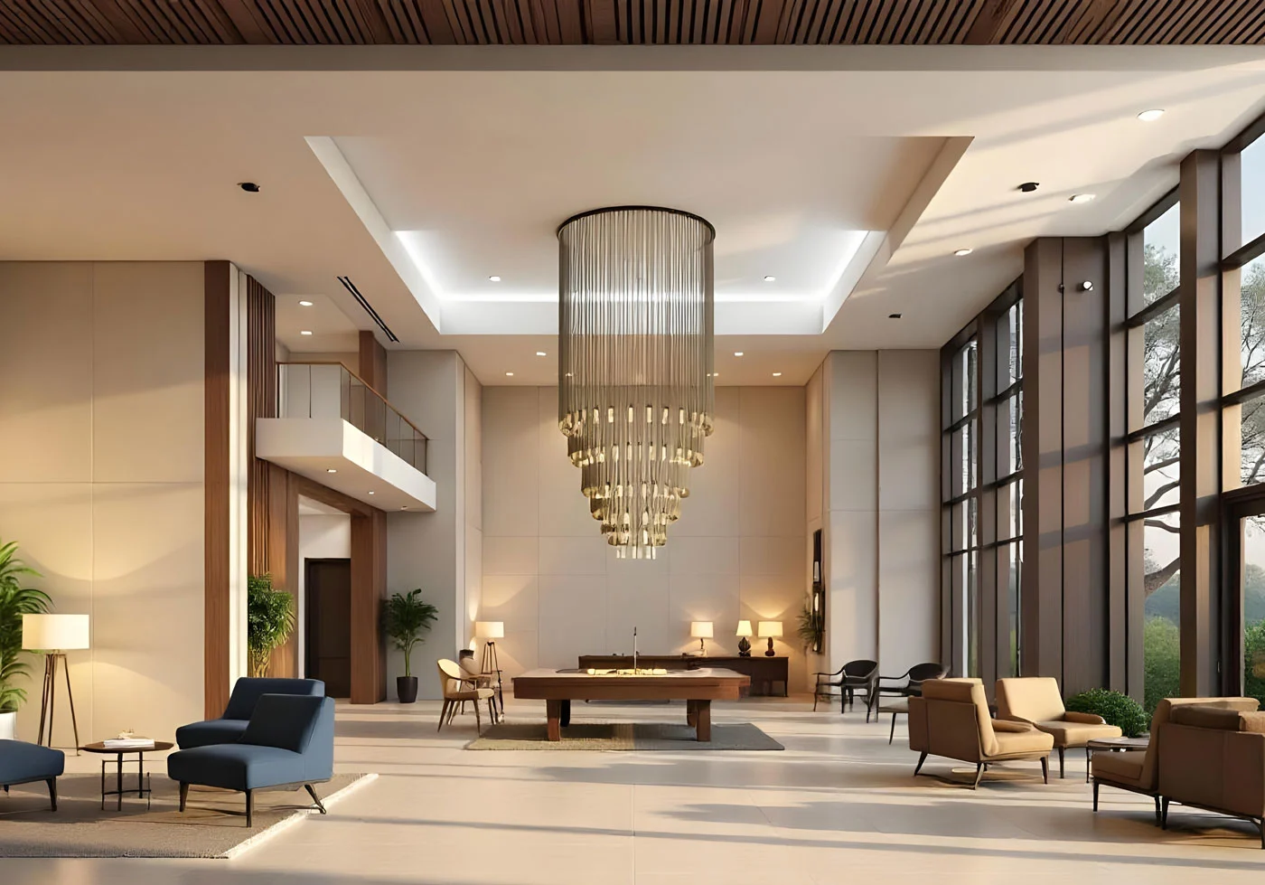 Large, modern lounge with high windows, several seating areas, and a large chandelier in the center.