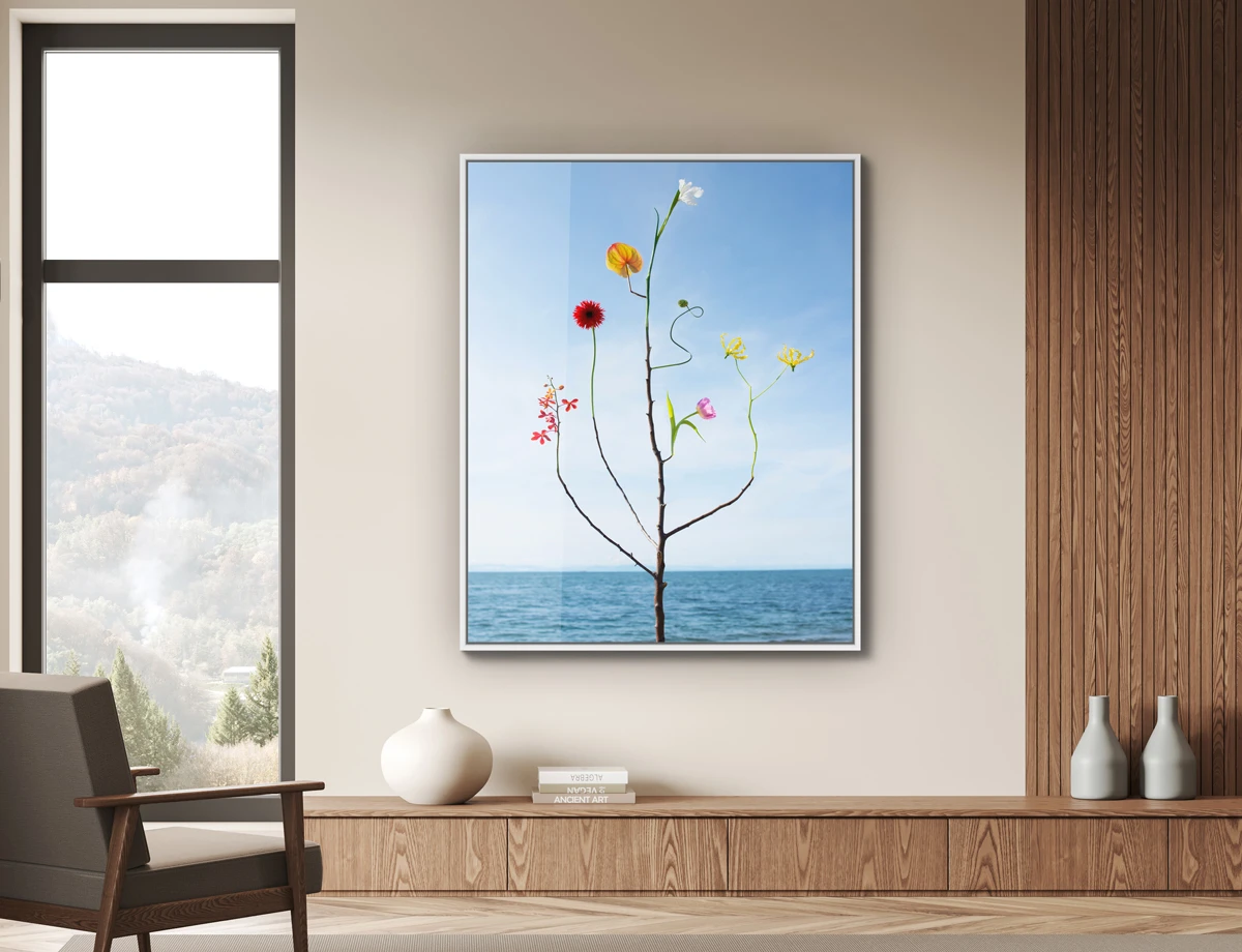 flower creatures, bound species with blue ocean sky horizon background.