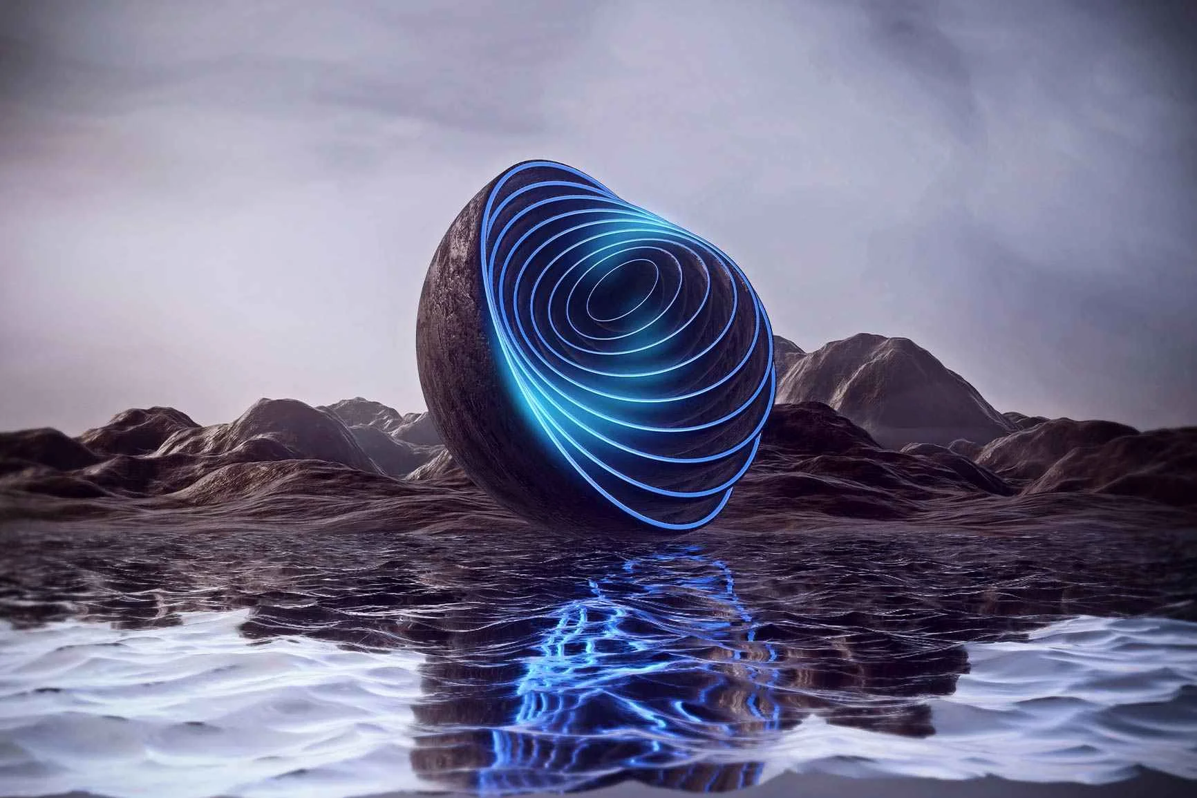 Schwebender dunkler Stein mit leuchtenden, blauen, konzentrischen Linien über einer Wasseroberfläche mit Berglandschaft im Hintergrund.