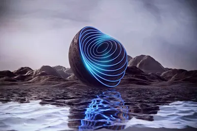 Pierre sombre flottante avec des lignes concentriques bleues lumineuses au-dessus d'une surface d'eau avec un paysage montagneux en arrière-plan.