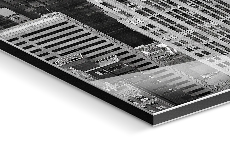 Zwart-wit afdruk op alu-Dibond van Ilford, met een gestructureerd oppervlak.