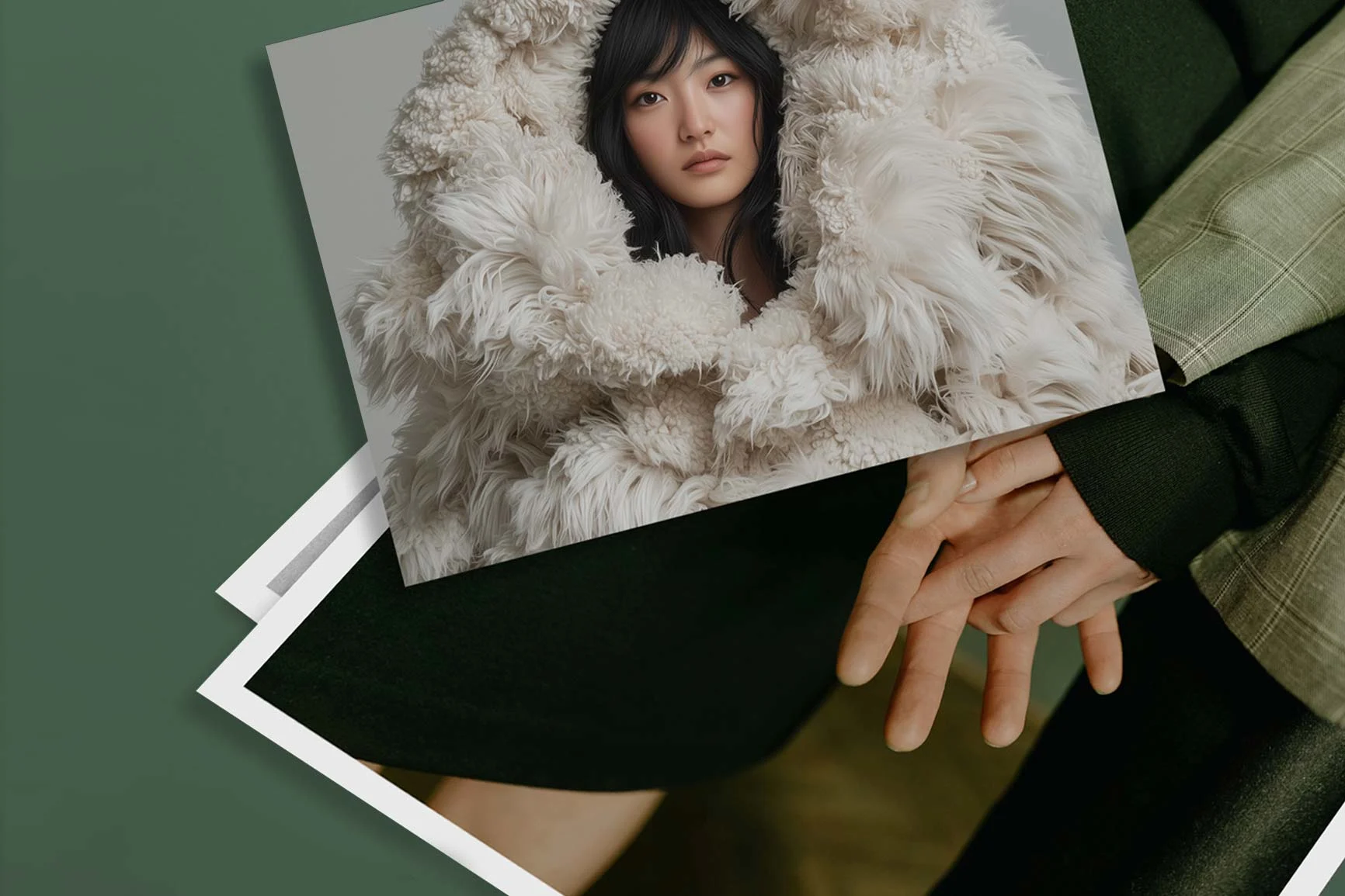 Fotoabzug mit Person in weißem, flauschigem Mantel, darüber Hände in schwarzer und grüner Kleidung auf grünem Untergrund.