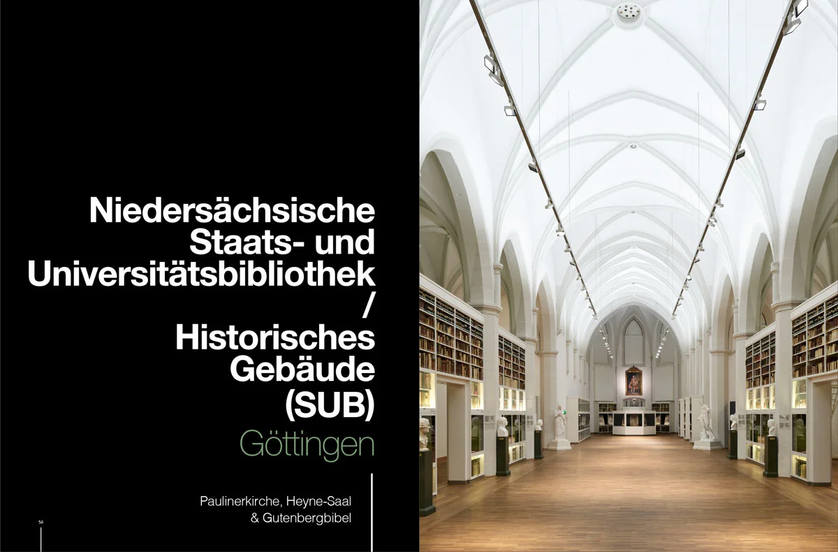 On the left white text on a black background about the Göttingen library, on the right a picture of the library.