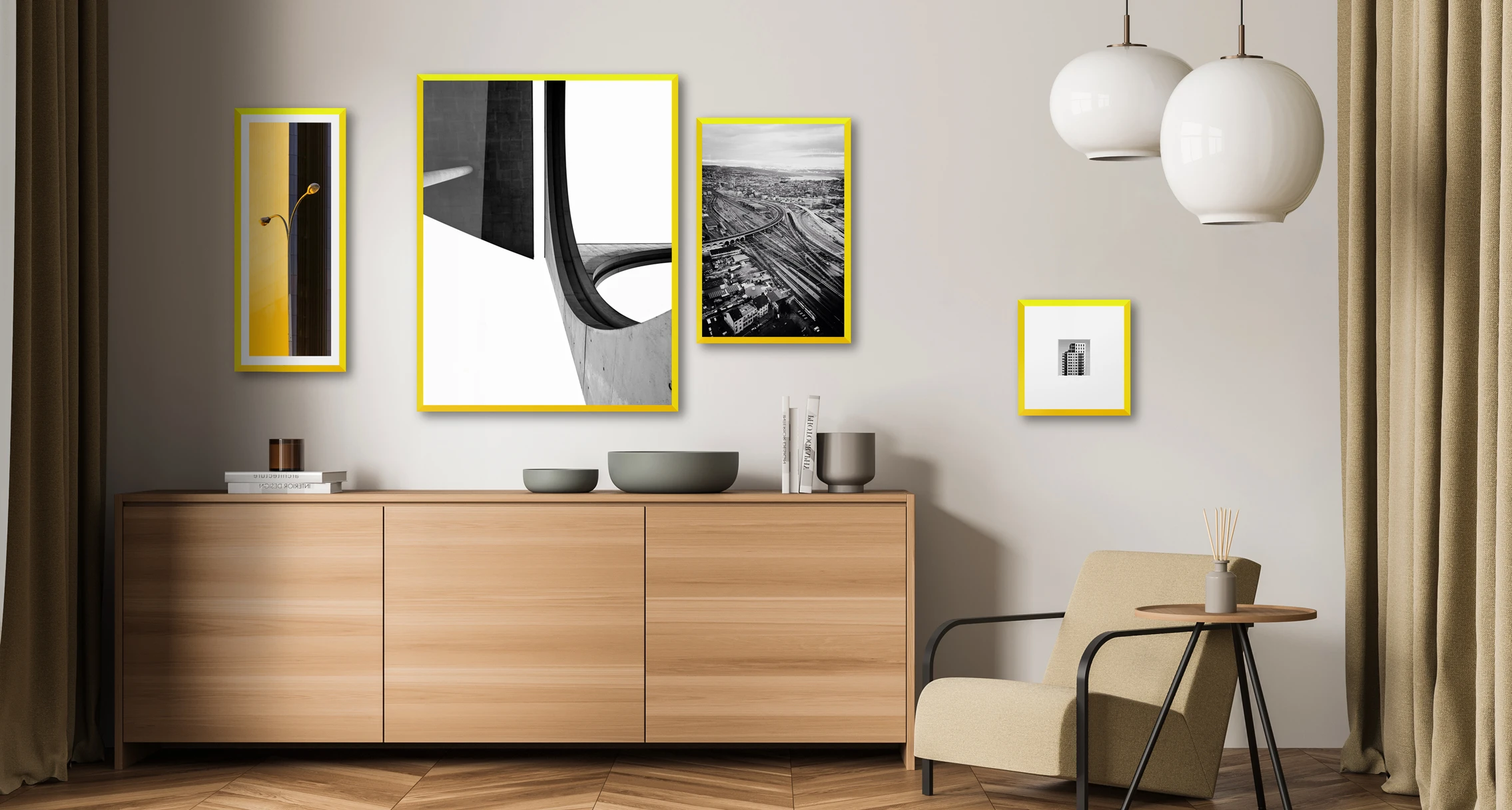 Multiple design edition frames in yellow hanging on a wall.