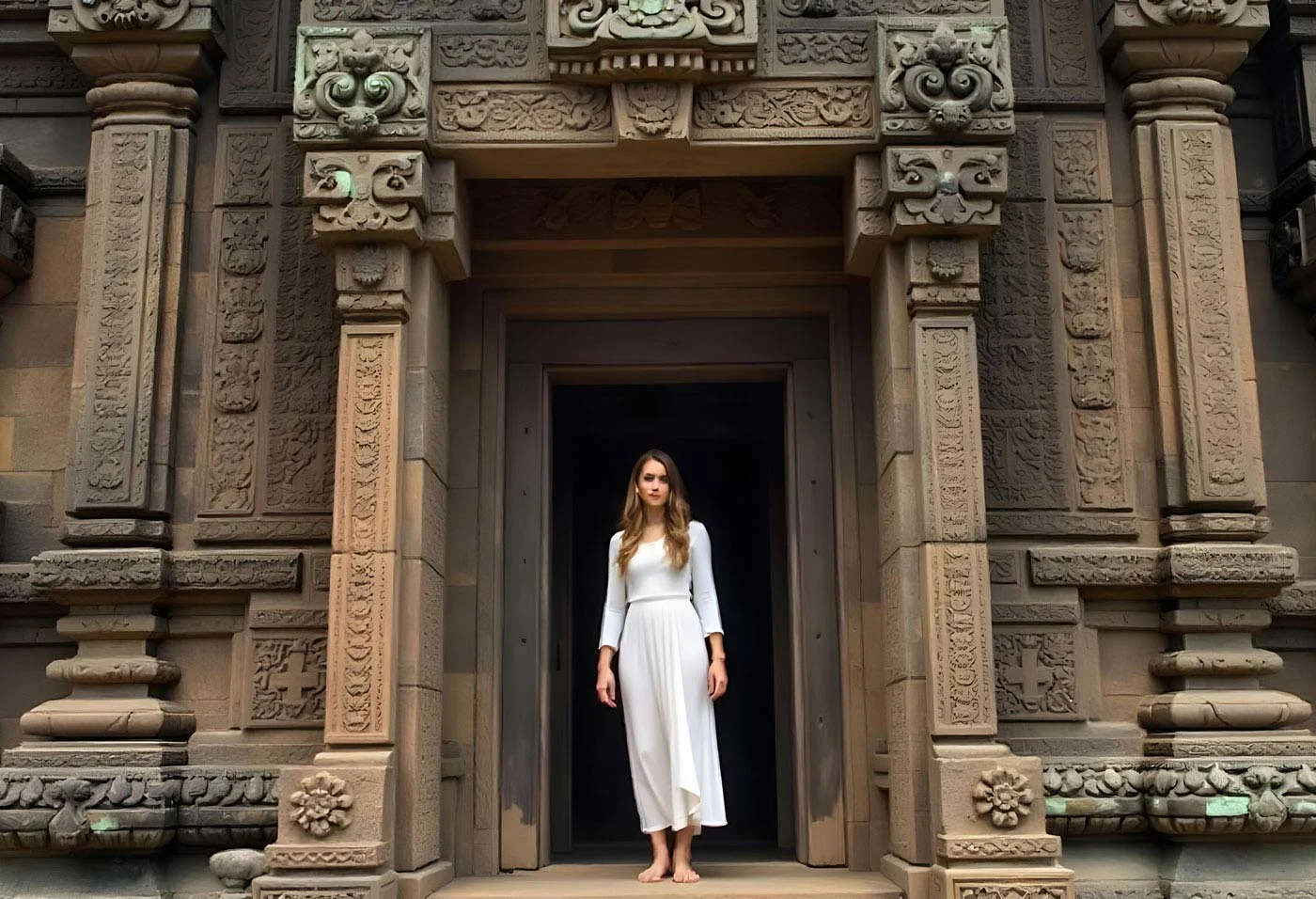 Woman in a long white dress stands barefoot in front of an ornately decorated stone gate of a historic building.