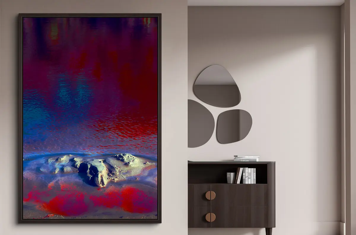 colorful abstract landscape with water and rocks framed in a floater frame Basel alder brown.