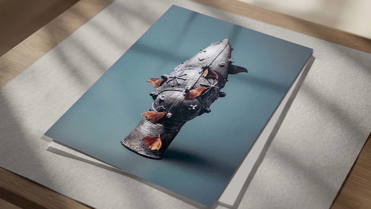 Die Fotografie zeigt einen gedruckten Fine Art Print, der flach auf einer hellgrauen, strukturierten Matte auf einem Holztisch liegt. Das Motiv bildet das detailreiche, historische Bronzeobjekt mit braunen Faltern vor einem blaugrünen Hintergrund ab. Ein sanfter, diagonaler Schattenwurf zieht sich über die gesamte Szenerie und verleiht der Präsentation eine warme, natürliche Atmosphäre. Durch die leicht erhöhte Perspektive wird die matte Beschaffenheit des Papiers im Zusammenspiel mit dem Untergrund betont.