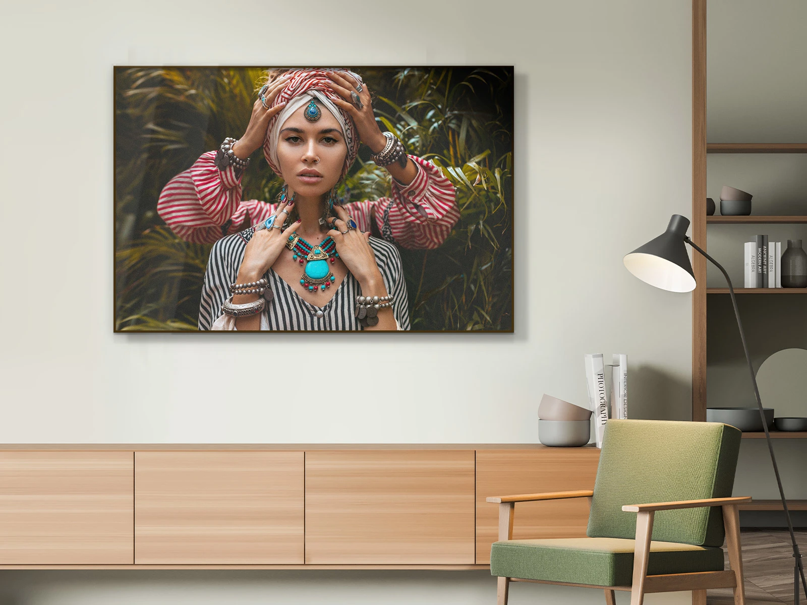 A person holds a turban from a woman in a Solid Wood ArtBox on a wall in a living room.