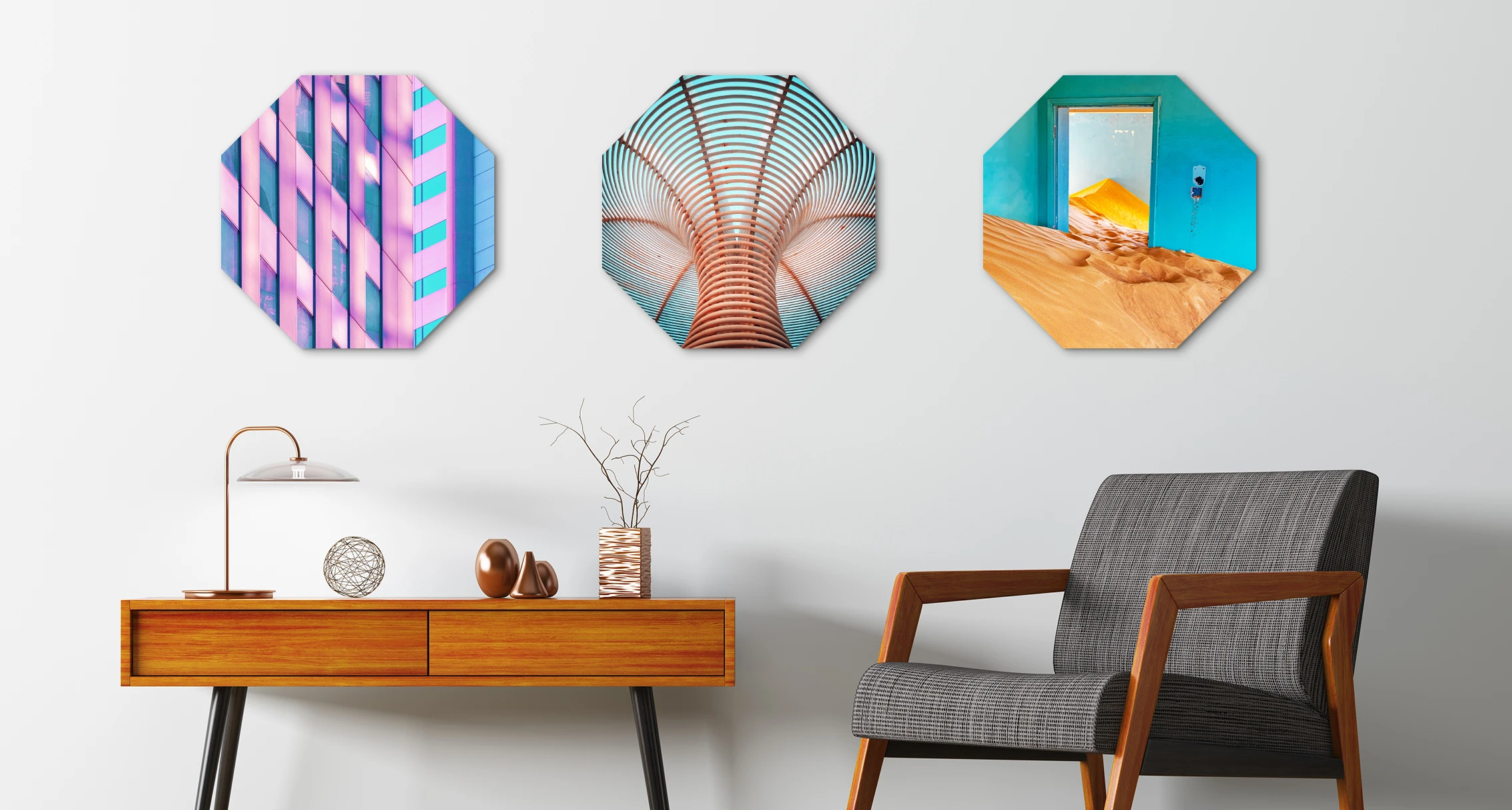 3 different motifs in Octagon format hang on a wall.