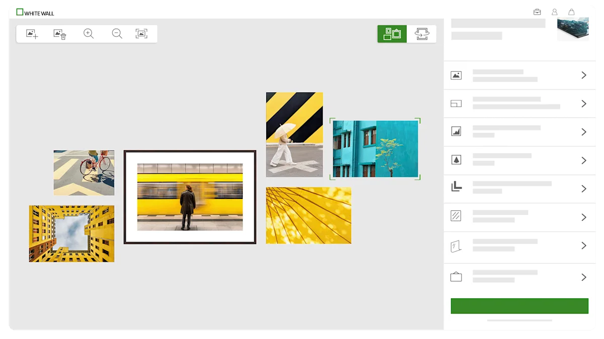 Éditeur en ligne WhiteWall affichant plusieurs photos colorées disposées sur une interface, avec un panneau de paramètres à droite.