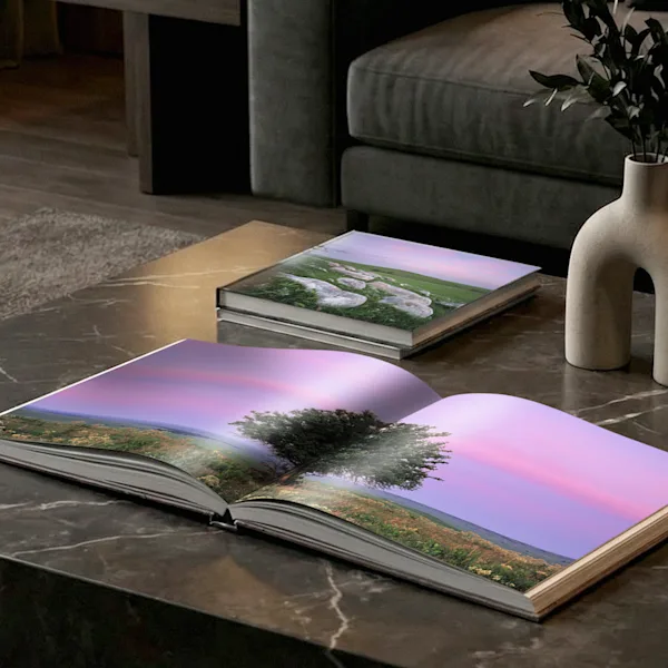 Libro Fotográfico abierto con una fotografía paisajística de un árbol frente a un cielo morado, sobre una mesa de centro de mármol.