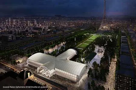 drone shot of the Grand Palais Ephémère - photo by Wilmotte er associés.