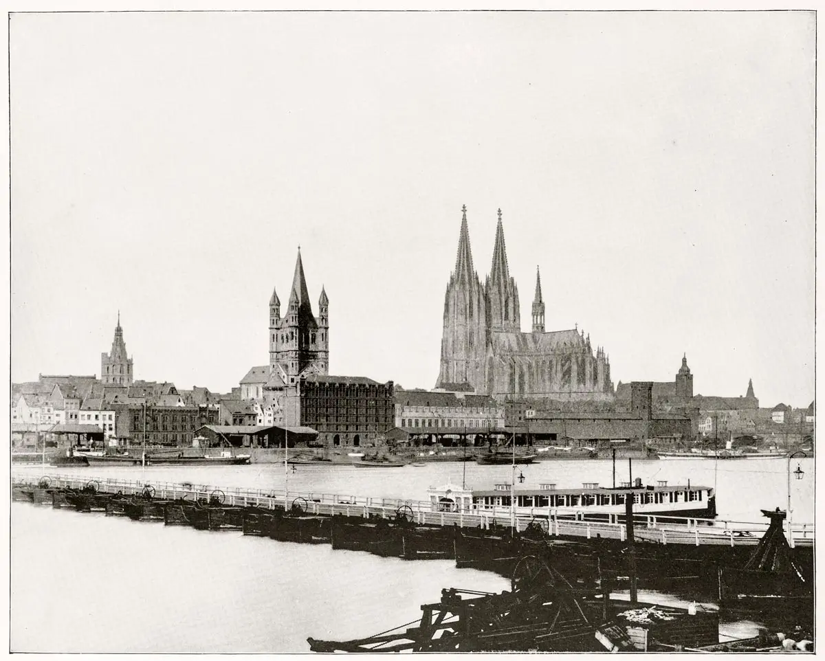 Vintage Image with View of Cologne facing rhin and cathedrale