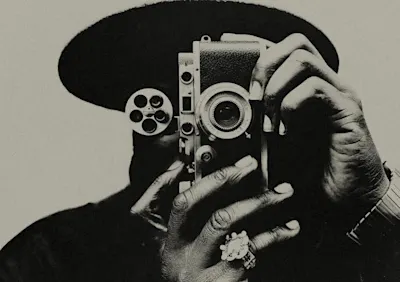 Person mit Hut hält eine vintage Filmkamera vor das Gesicht, beide Hände sichtbar, Ring an einem Finger.