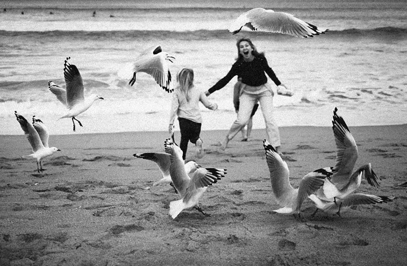 Mother and daughter playing on a beach among seagulls - photo in black and white by Anastasia Prodous.