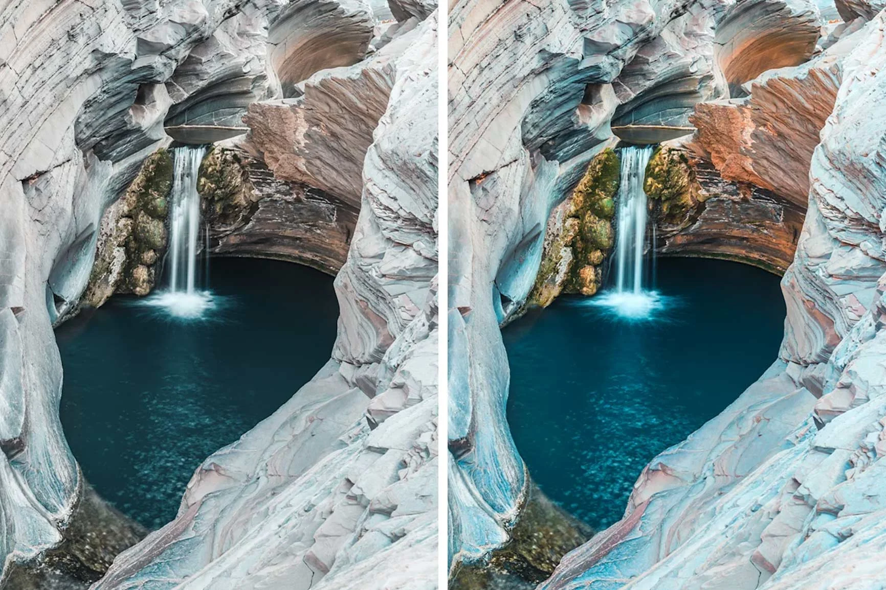 Zwei Bilder von Felsen mit Wasserfall, rechts mit WhiteWall SuperResolution hochskaliert.