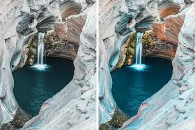 Deux photos de rochers avec une cascade, celle de droite ayant été agrandie grâce à la technologie SuperResolution.