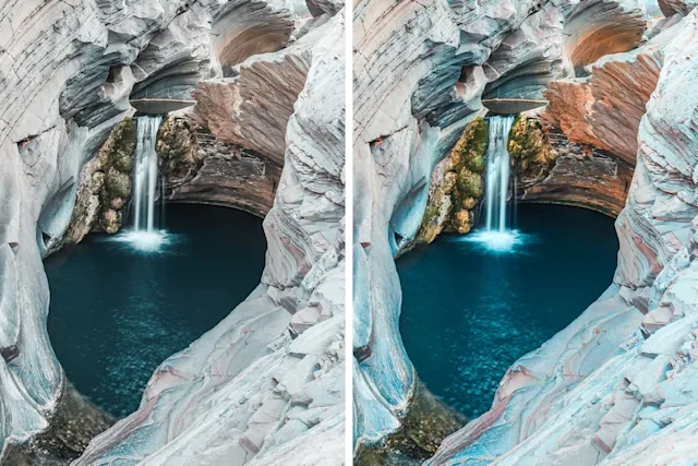 Zwei Bilder von Felsen mit Wasserfall, rechts mit WhiteWall SuperResolution hochskaliert.