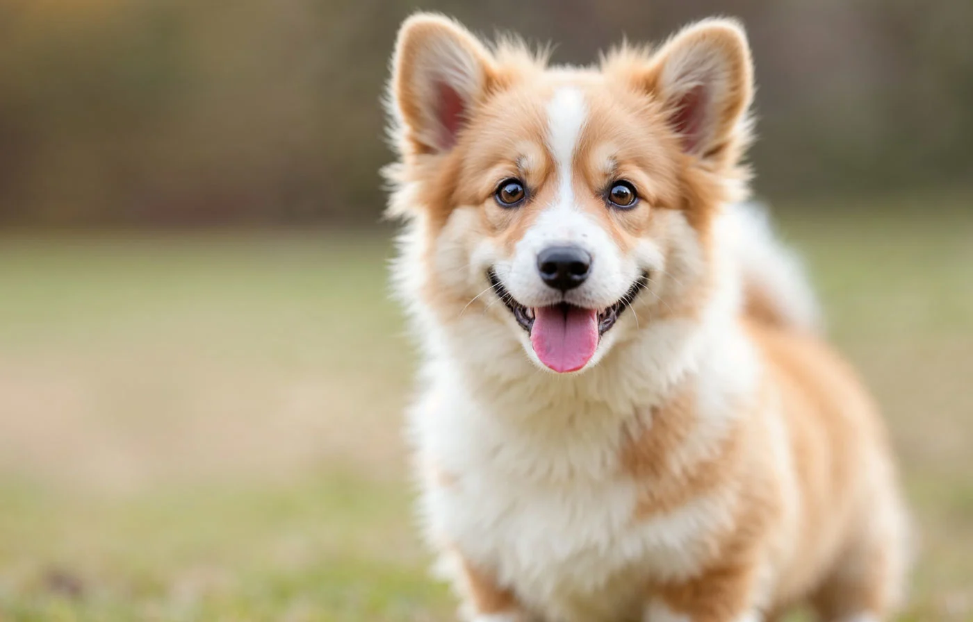 Small Corgi dog sitting on a lawn with a blurred background.
